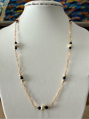 Handcrafted Black Onyx and Gold Filled Sterling Silver Station Necklace